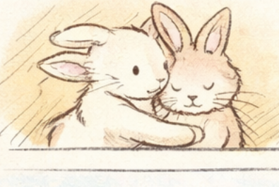 Two cuddling rabbits in a sketched storybook style